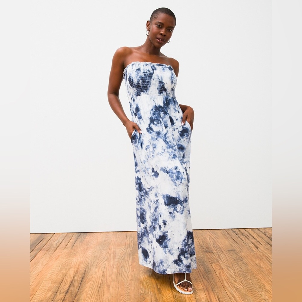 Strapless Tie-Dye Maxi Dress - Blue and White
